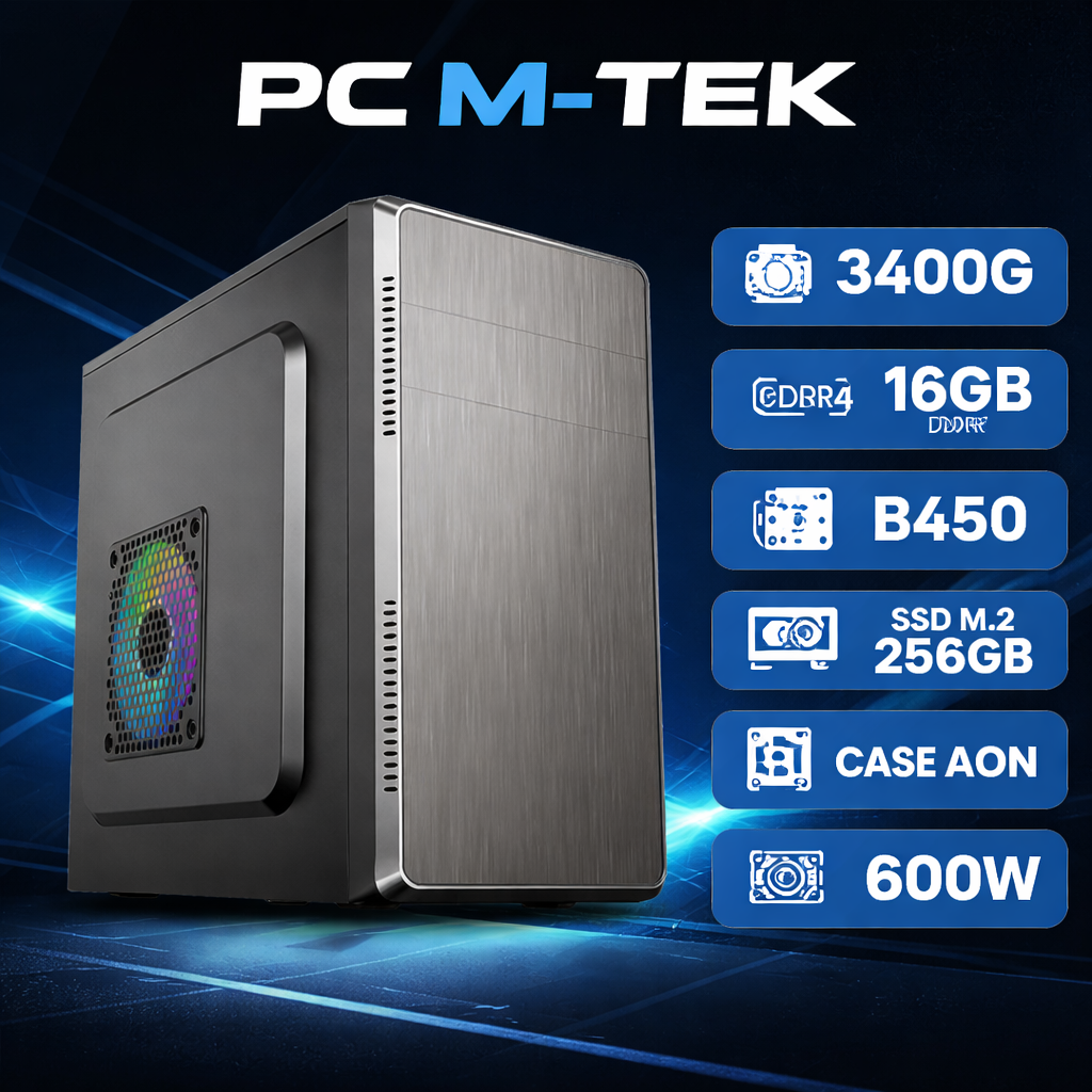 PC M-TEK 3400G 16GB RAM DDR4  B450 SSD M.2 256GB Case Aon 600W 