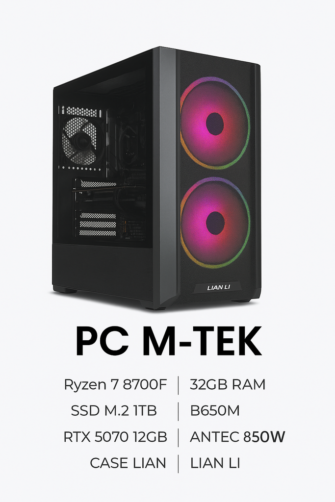PC M-TEK RYZEN 7 8700F, 32GB RAM, SSD M.2 1TB, B650M, RTX 5070 12GB ,  ANTEC 850W 80PLUS, CASE LIAN LI, EW PANTALLA. 