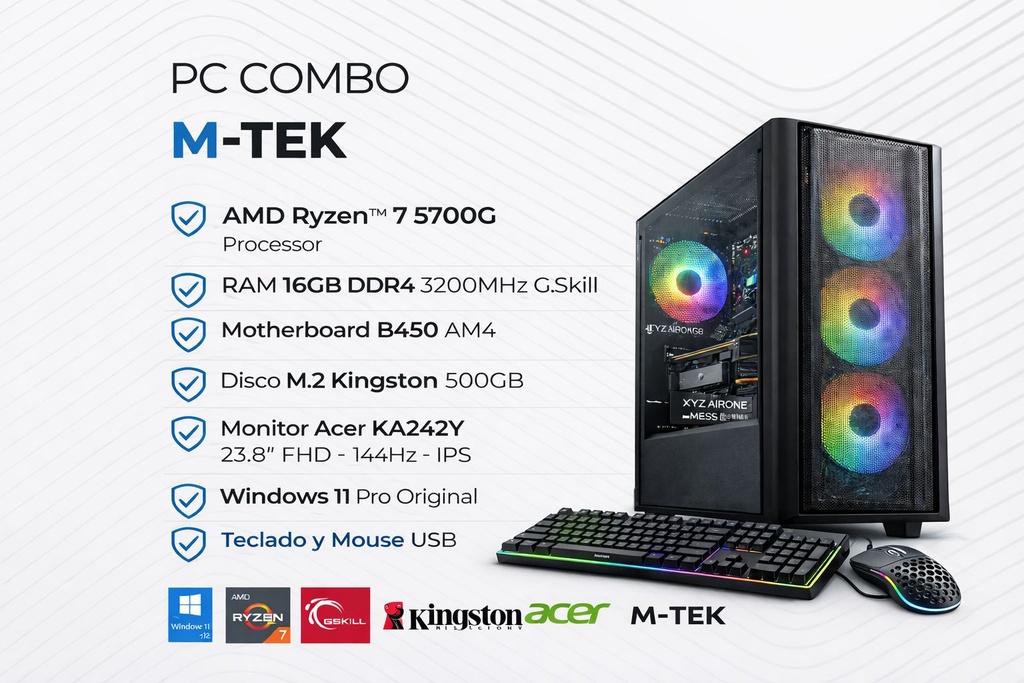 PC M-TEK , AMD Ryzen 7 5700G AM4 - Memoria, RAM 16GB DDR4 3200MHZ, B450 AM4,Kingston M.2 500GB, Case 800w,Teclado y Mouse, Windows 11 Pro Original. 