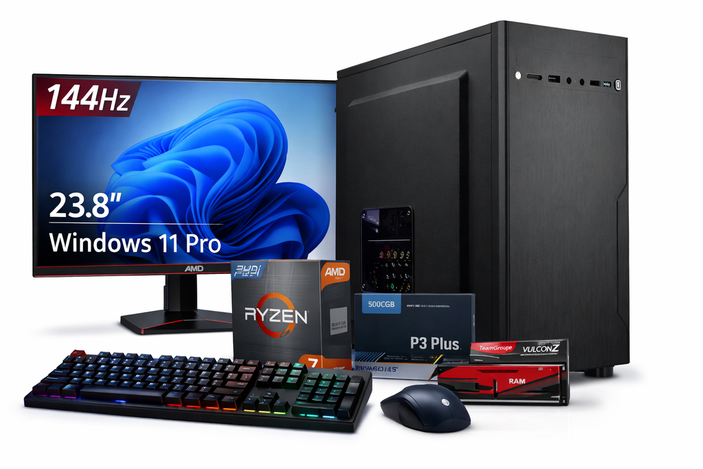 PC M-TEK, AMD Ryzen 7 5700G AM4, A520M K V2,  RAM 8x2  DDR4 3200, Case Aigo 800W - 480 SSD M.2, Teclado y Mouse Inalámbrico Windows 11 Pro, Monitor Gigabyte 24.5" FHD 200hz