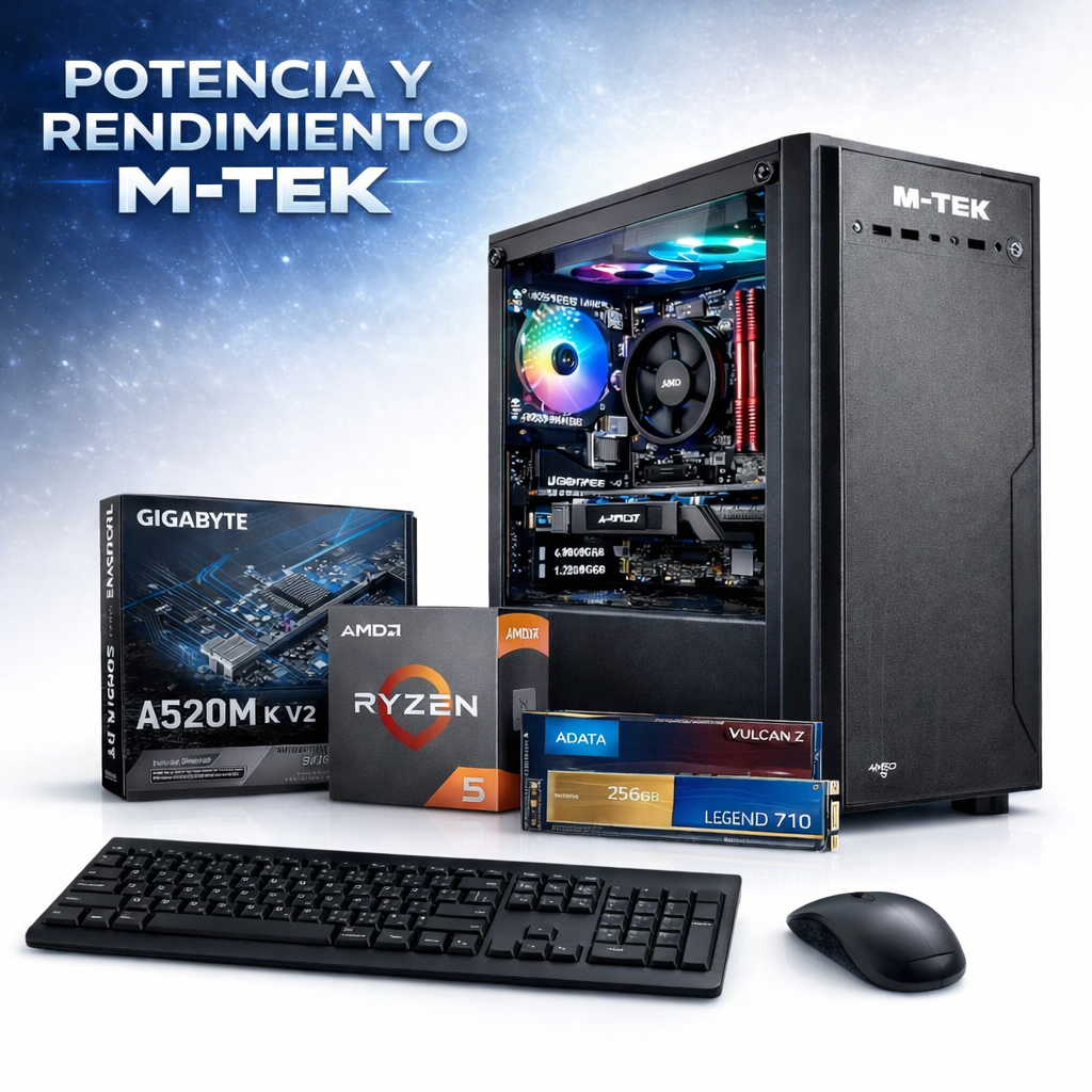 PC M-TEK AMD Ryzen 5 5600GT, Gigabyte A520M K V2, Case Aigo B350, SSD M.2 Adata Legend 710 256GB, T-Force Vulcan Z 16 GB DDR4 3200, Windows 11 pro.