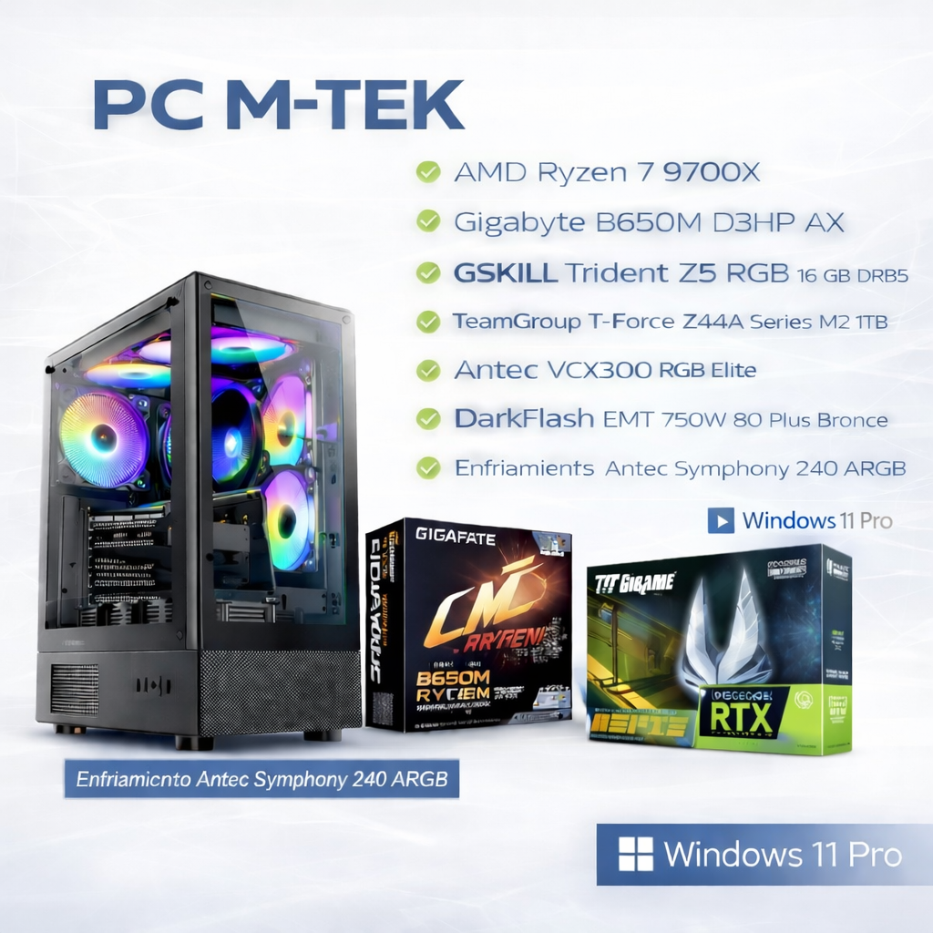 PC M-TEK AMD Ryzen 7 9700X, Gigabyte B650M D3HP AX, GSKILL Trident Z5 RGB 16 GB DDR5, TeamGroup T-Force Z44A Series M2 1TB, Antec VCX300 RGB Elite, DarkFlash EMT 750W 80 Plus Bronce,  RTX 5060 TI Twin Edge OC - 16GB, Windows 11 Pro