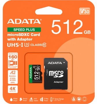 Memoria MicroSDXC ADATA 512 GB UHS-I - Speed Plus - V30 - UD512GUI3V30A2SP-RA1