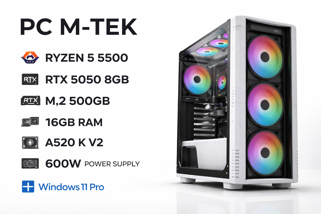 PC M-TEK RYZEN 5 5500 - RTX5050 8GB - M.2 500GB - 16GB RAM - A520 K V2 - 600W - CASE RIDER MINI -WIN 11 PRO