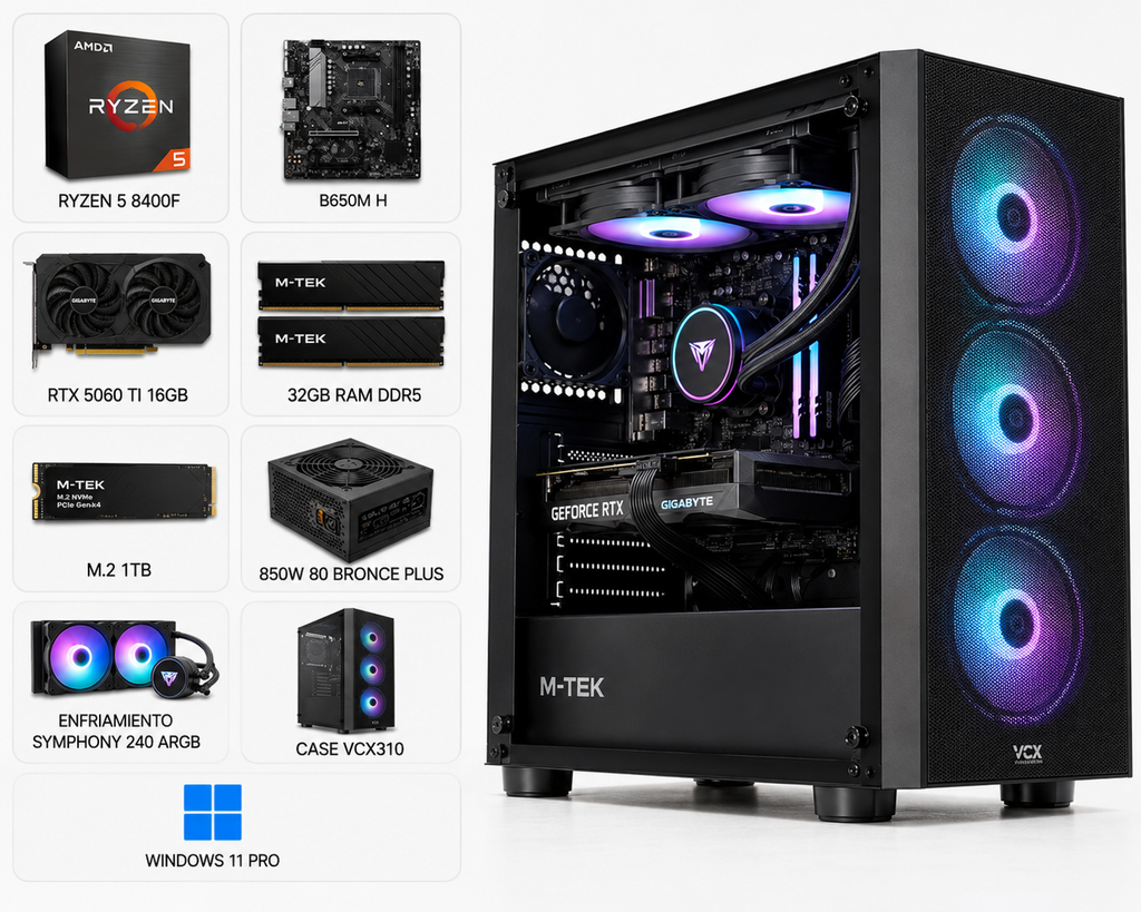 PC M-TEK RYZEN 5 8400F - RTX5060 TI 16GB - M.2 1TB - 32GB RAM - B650M H - 850W 80 BRONCE PLUS - CASE VCX310 - ENFIAMIENTO SYMPHONY 240 ARGB - WIN11 PRO