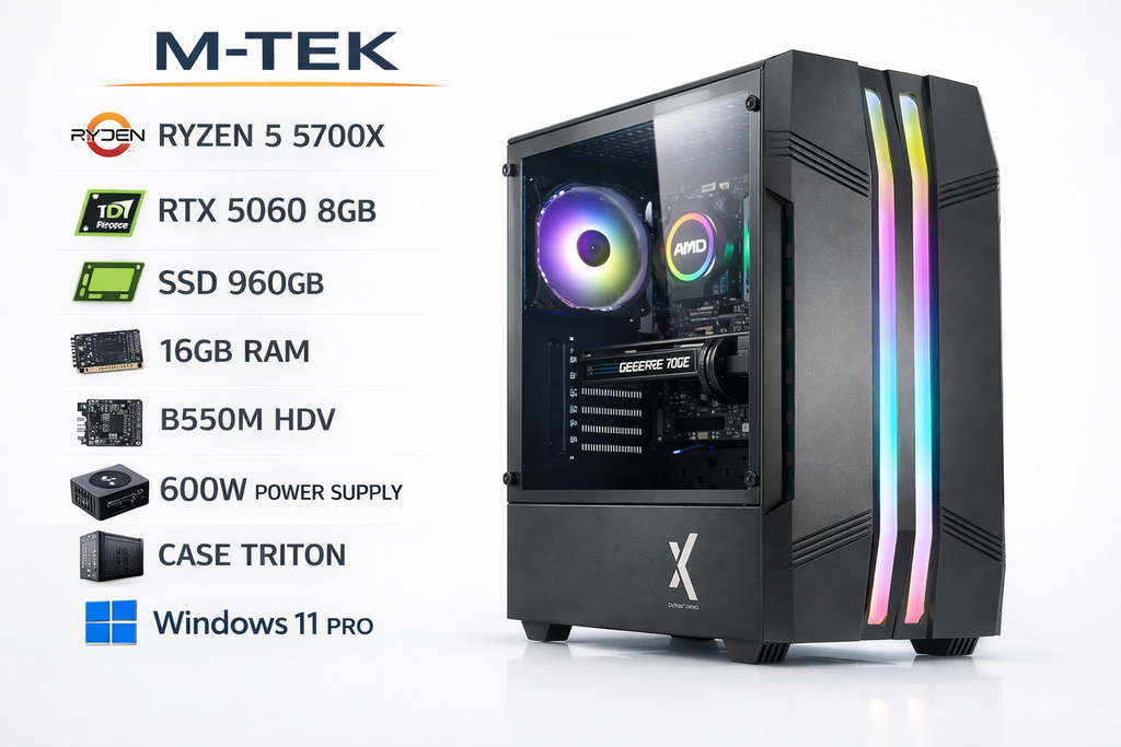PC M-TEK RYZEN 5 5700X - ENFRIAMIENTO COREFROZR AA13 - RTX5060 8GB - SSD 960GB - 16GB RAM - B550M HDV - 600W - CASE TRITON - WIN11 PRO