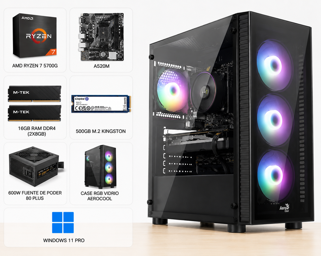 PC M-TEK AMD RYZEN 7 5700G, A520M, 16GB RAM DDR4 2X8, 500GB M.2 KINGSTON, 600W FUENTE DE PODER 80 PLUS, CASE RGB VIDRIO AEROCOLL, TECLADO Y MOUSE ,WINDOWS 11 PRO
