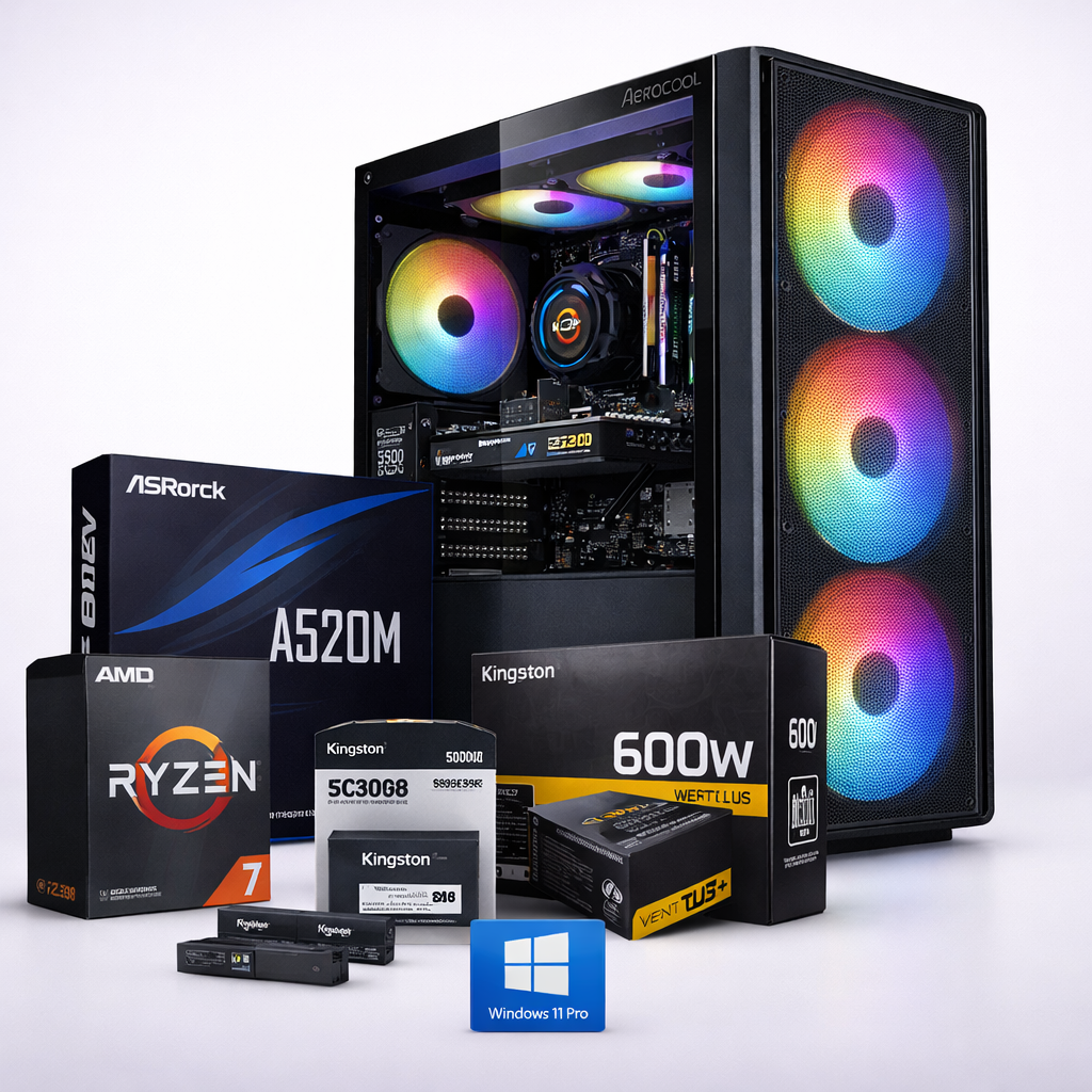 PC M-TEK AMD RYZEN 7 5700G, A520M, 16GB RAM DDR4 2X8, 500GB M.2 KINGSTON, 600W FUENTE DE PODER 80 PLUS, CASE RGB VIDRIO AEROCOLL, WINDOWS 11 PRO