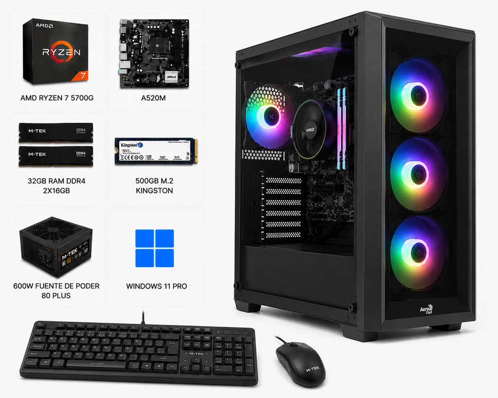 PC M-TEK AMD RYZEN 7 5700G, A520M, 32GB RAM DDR4 2X16, 500GB M.2 KINGSTON, 600W FUENTE DE PODER 80 PLUS, CASE RGB VIDRIO AEROCOLL,  Teclado y Mouse UNNO TEKNO, WINDOWS 11 PRO