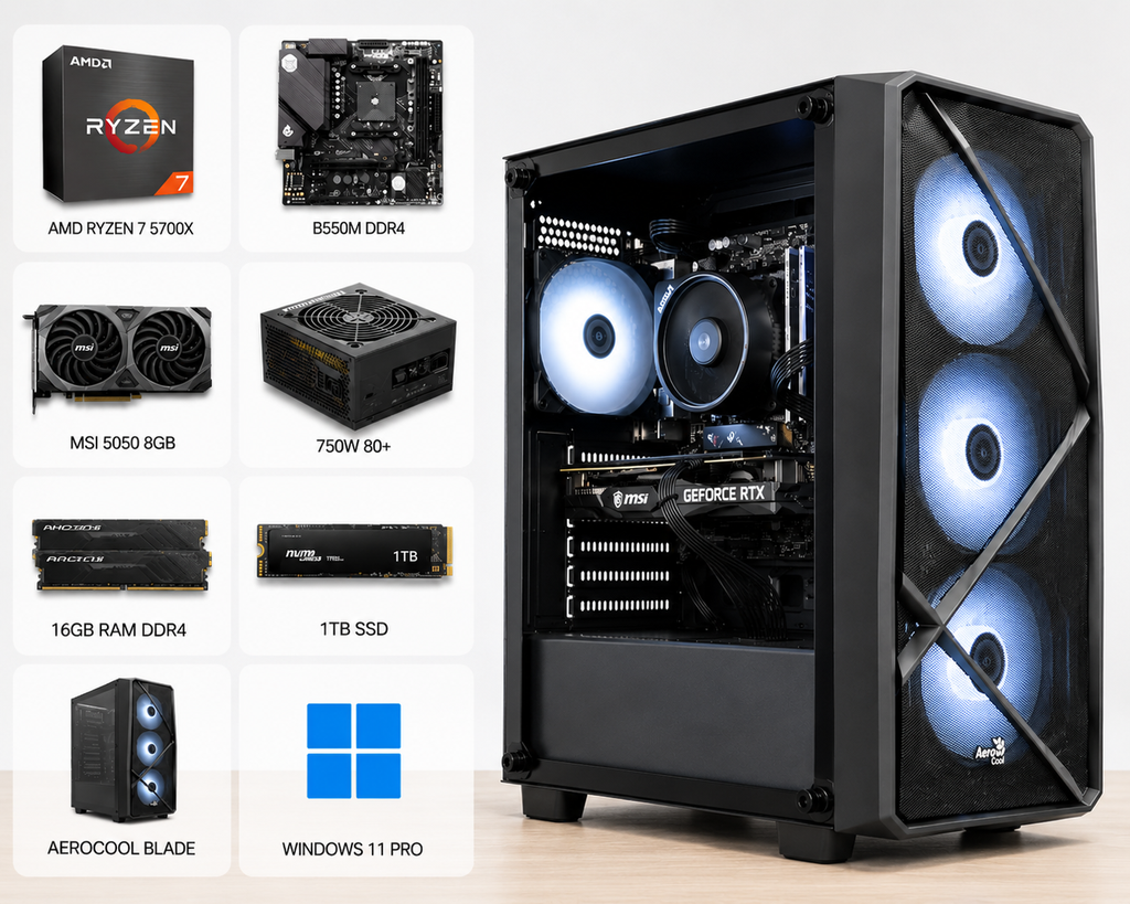PC-MTEK AMD RYZEN 7 5700X, B550M DDR4, MSI 5050 8GB, 750W 80+, 16GB RAM, 1TB SSD, AEROCOOL BLADE,Aire MSI MAG COREFROZR A13, WINDOWS 11 PRO. 