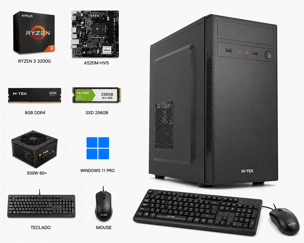 PC M-TEK PROCESADOR RYZEN 3 3200G, A520M-HVS, 8GB DDR4, 500W 80+, SSD 256GB, TECLADO Y MOUSE, WINDOWS 11 PRO