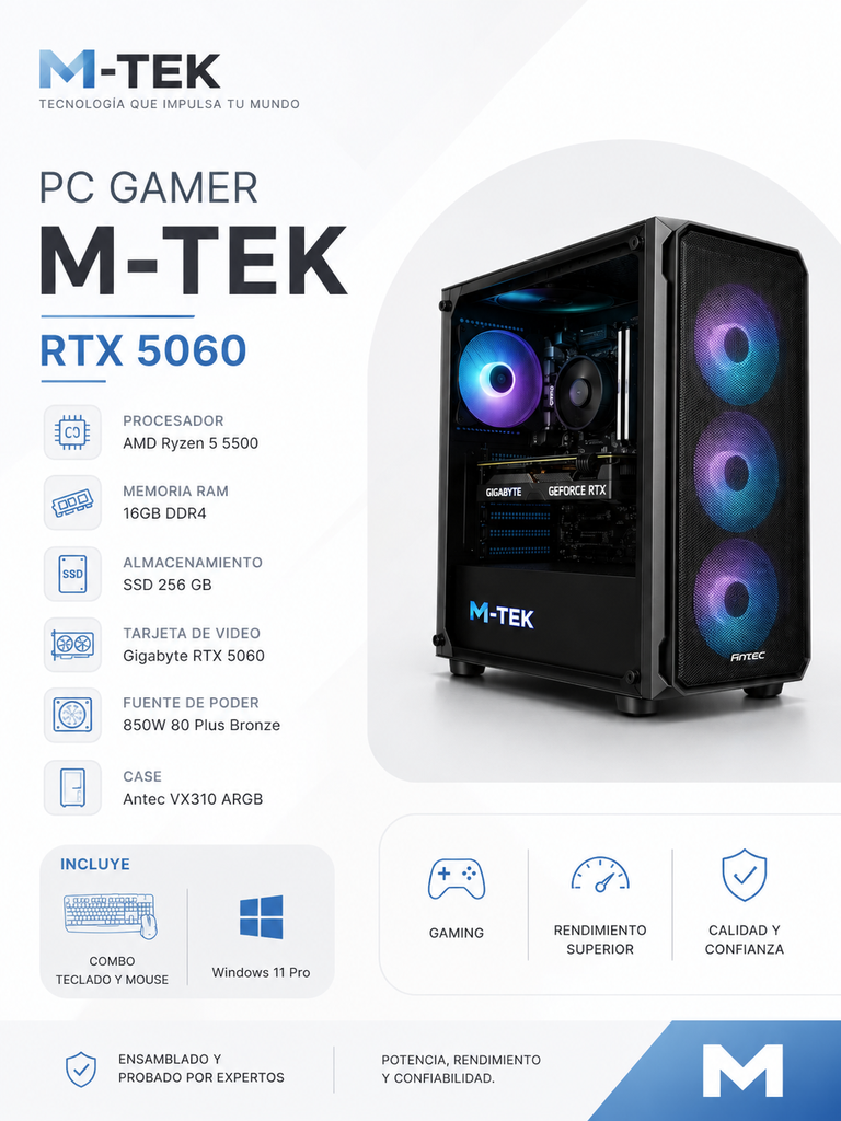 PC M-TEK Procesador AMD Ryzen 5 5500 AM4, 16gbDDR4, SSD 256 GB, Gigabyte RTX 5060,  850W 80 Plus Bronce, Case Antec VX310 ARGB, Combo Teclado y Mouse, Windows 11 Pro  