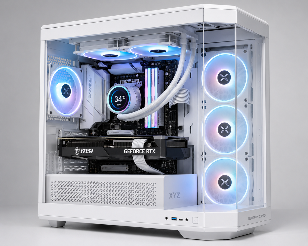 PC M-TEK AMD Ryzen 7 9800X3D, Gigabyte X870 Gaming X Wifi7 AM5, MSI GeForce RTX 5070 12G, Aquapulse - 240mm - Pantalla LCD, Seasonic G12 GC-850 - 80 Plus Gold, Case XYZ Neutron X Pro - Blanco, GSKILL Flare X5 32GB GB DDR5 6000, Gen4 NVMe 2280 M.2 1TB, Windows 11 Pro.