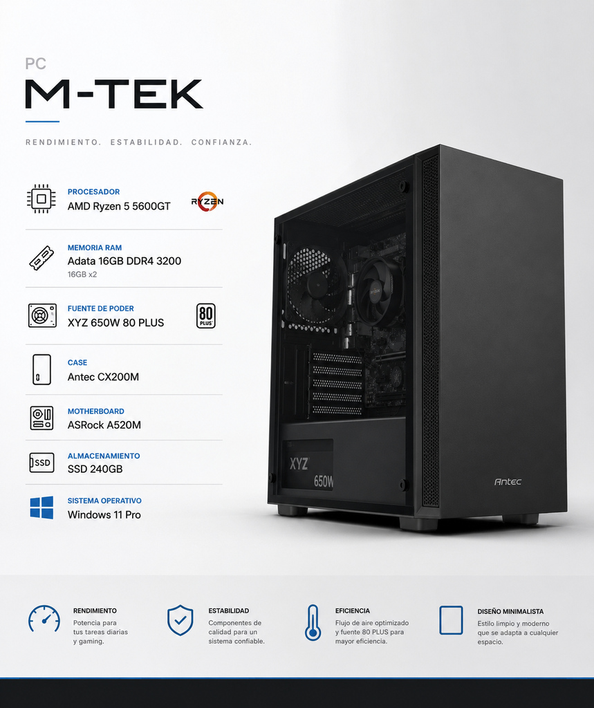 PC M-TEK Procesador AMD Ryzen 5 5600GT, RAM Adata 16GB DDR4 3200 16x2, XYZ 650W 80 PLUS,Case Antec CX200M, ASrock A520M-SSD 240GB, WINDOWS 11 PRO 