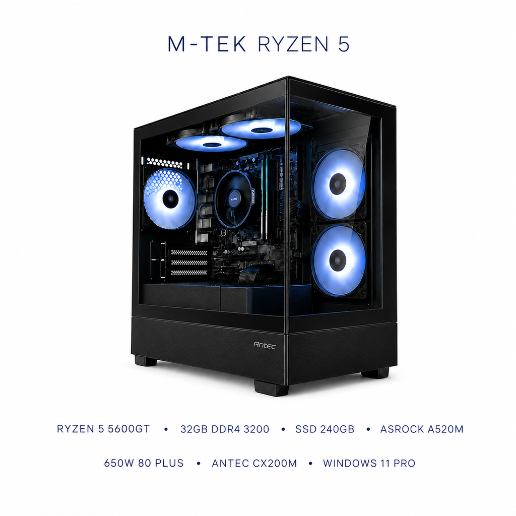 PC M-TEK Procesador AMD Ryzen 5 5600GT, RAM Adata 16GB DDR4 3200 16x2, XYZ 650W 80 PLUS,Case Antec CX200M, ASrock A520M-SSD 240GB, WINDOWS 11 PRO 