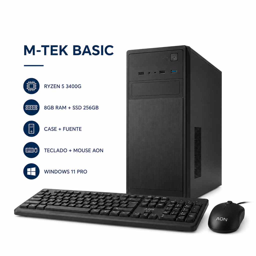 M-TEK BASIC RYZEN 3400G - 8GB RAM - 256 GB SSD - CASE CON FUENTE TECLADO Y MOUSE  AON - Windows 11 Pro.