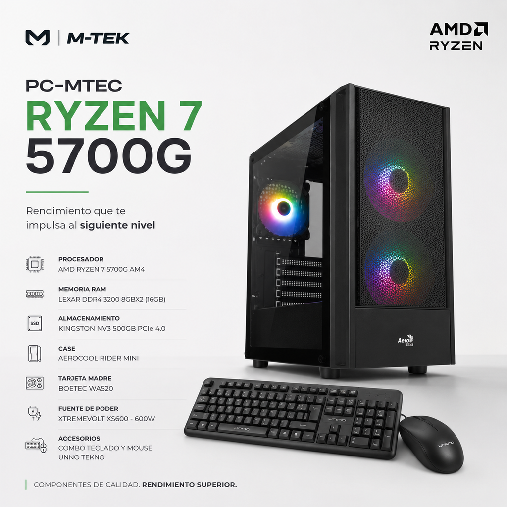 PC-MTEC Ryzen 7 5700G AM4, RAM Lexar DDR4 3200  8GBX2, Kingston NV3 500GB PCIe 4.0, Aerocool Rider Mini, Boetec WA520,  Xtremevolt XS600 - 600W, Combo Teclado y Mouse UNNO TEKNO