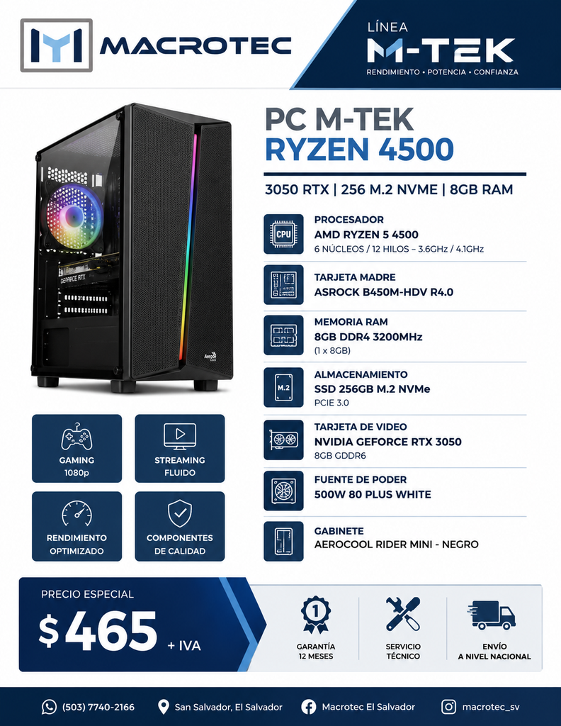 PC M-TEK RYZEN 4500 - 3050 RTX - 256 M.2 NVME - 8B RAM - CASE AEROCOOL RIDER MINI - 500W 80 PLUS WHITE