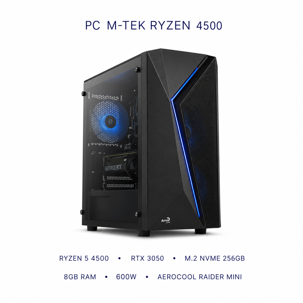 PC M-TEK RYZEN 4500 - 3050 RTX - 256 M.2 NVME - 8B RAM - CASE AEROCOOL RIDER MINI - 600W