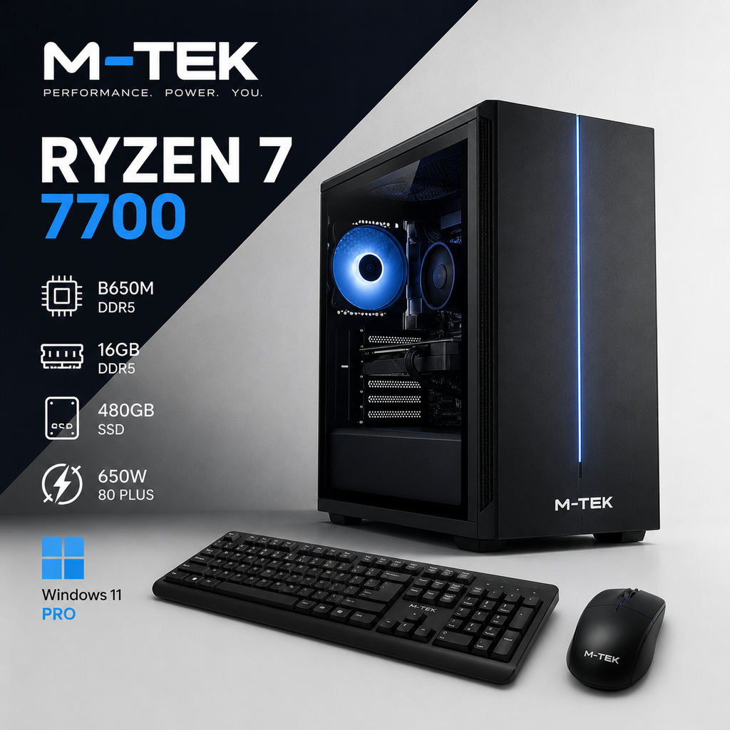 PC M-TEK RYZEN 7 7700 , B650M HDDR5, 16GB DDR5, SSD 480GB, 650W 80 PLUS , TECLADO Y MOUSE , WINDOWS 11 PRO.