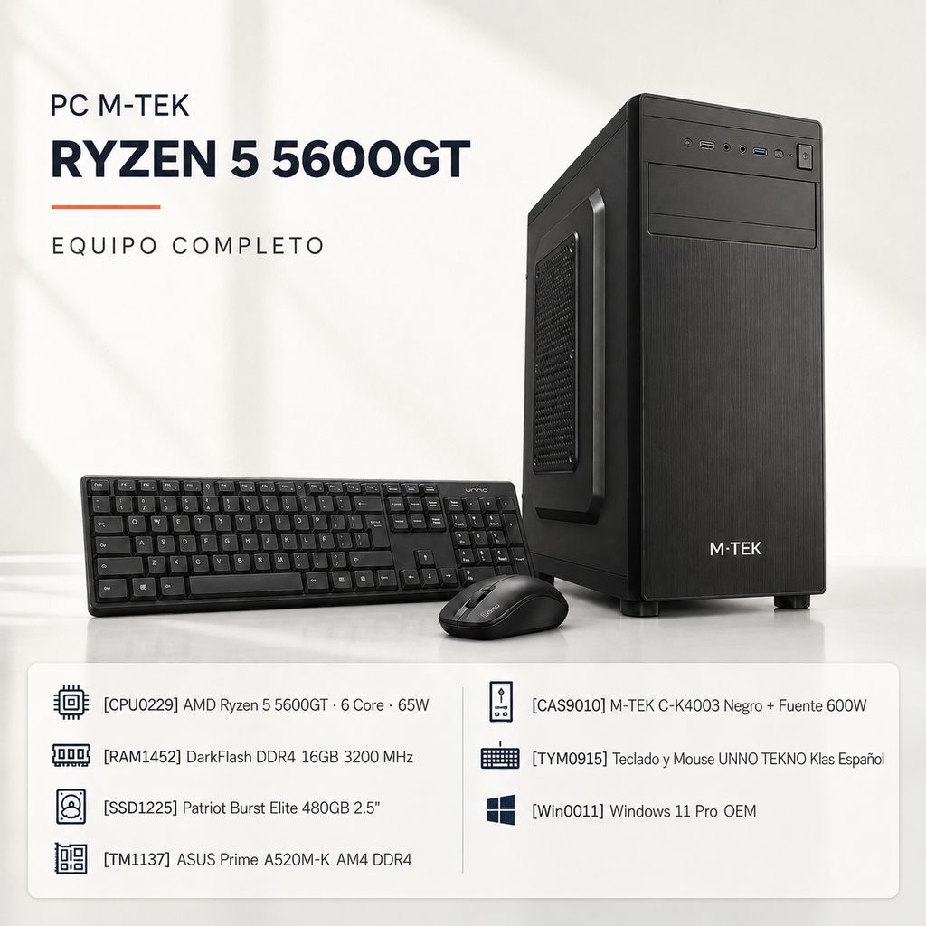 PC M-TEK RYZEN 5 5600GT 16GB RAM DDR4 SSD 480GB A520 ASUS WINDOW 11 PRO CASE CON FUENTE TECLADO Y MOUSE