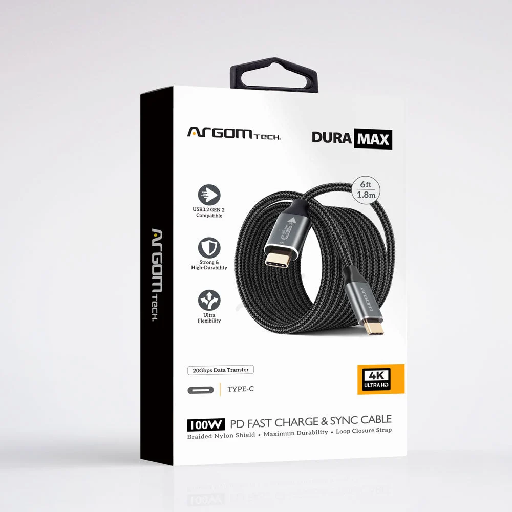 Cable Argom Dura Max 100W PD Fast Charce & Sync Cable - Tipo C a Tipo C - 1.8M 4K - Negro - ARG-CB-1401BK