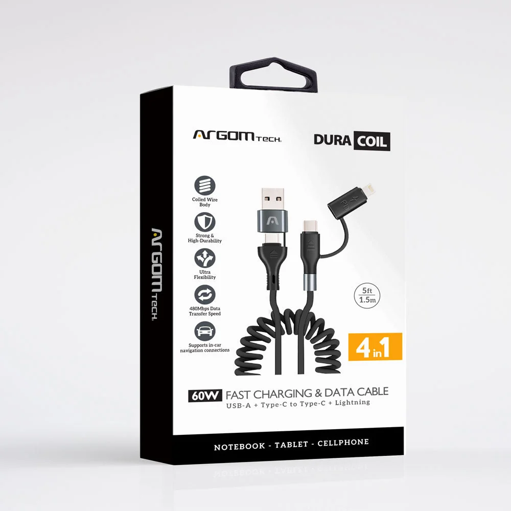 Cable Argom Dura Coil USB-A + Type-C To Type-C + Lightning 60W Fast Charce - 1.5M - Negro - ARG-CB-0071BK