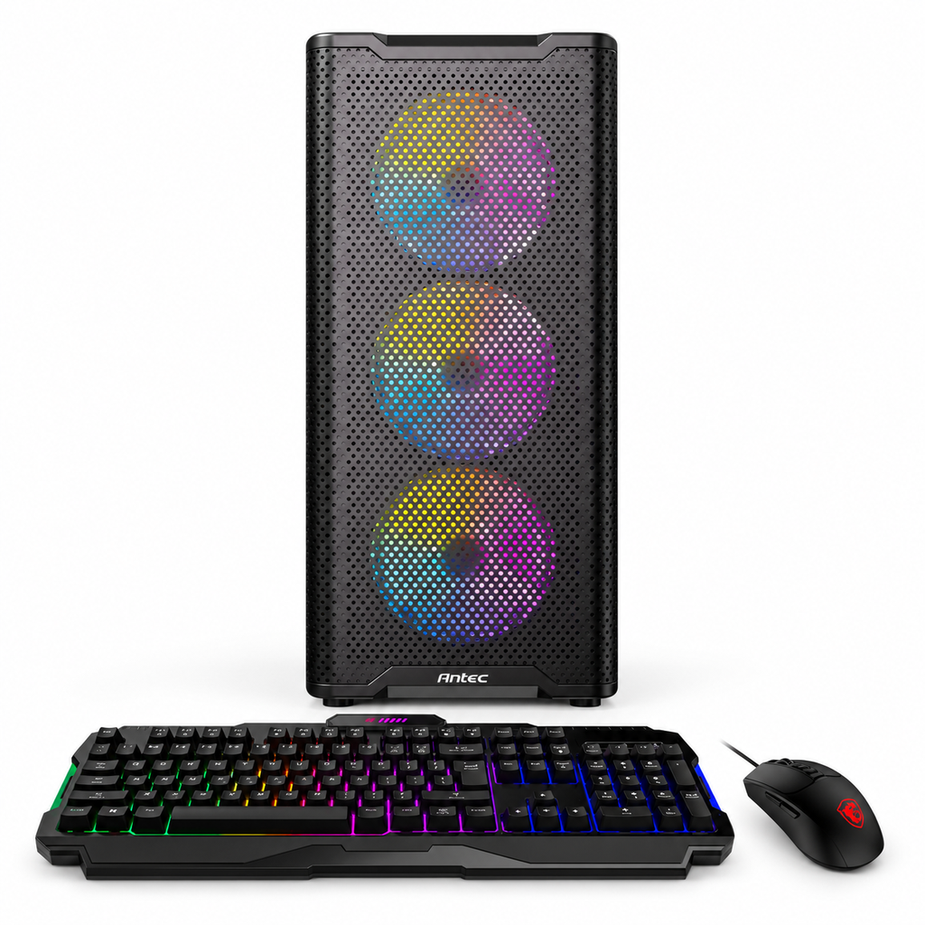 PC M-TEK PC Gaming AMD Ryzen 5 5500, RTX 5060 de 8 GB, 16 GB RAM DDR4, SSD M.2 de 512 GB, tarjeta madre ASRock B450M, fuente 750W 80 Plus Bronze, case Antec VX310 ARGB y combo de teclado y mouse MSI W11PRO