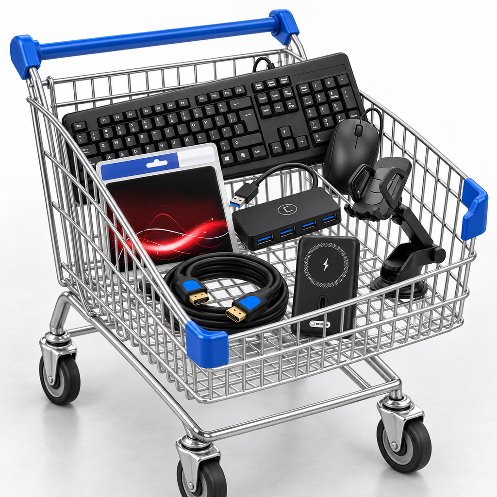 Kit UNNO TEKNO – 50 piezas: 10 combos de teclado y mouse, 10 hubs USB 3.0 de 4 puertos, 10 mousepads Dynamia rojos, 10 cables HDMI 2.0 4K de 3 m, 5 soportes para celular de carro y 5 powerbanks MagSafe de 10,000 mAh.