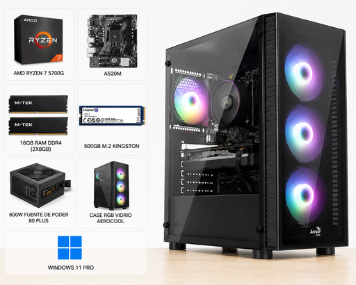 [MTEK15300] PC M-TEK AMD RYZEN 7 5700G, A520M, 16GB RAM DDR4 2X8, 500GB M.2 KINGSTON, 600W FUENTE DE PODER 80 PLUS, CASE RGB VIDRIO AEROCOLL, TECLADO Y MOUSE ,WINDOWS 11 PRO