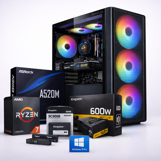 [MTEK15300] PC M-TEK AMD RYZEN 7 5700G, A520M, 16GB RAM DDR4 2X8, 500GB M.2 KINGSTON, 600W FUENTE DE PODER 80 PLUS, CASE RGB VIDRIO AEROCOLL, WINDOWS 11 PRO