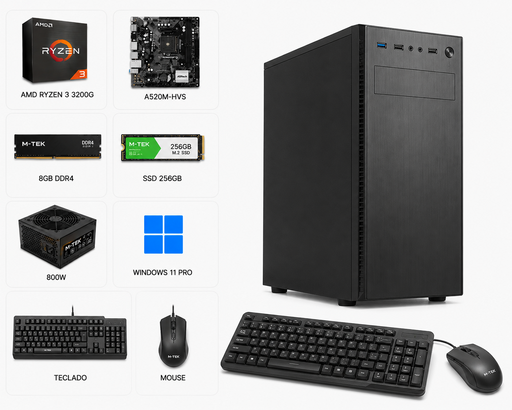 [MTEK16572] PC-MTEK PROCESADOR AMD RYZEN 3 3200G, A520M-HVS, SSD 256GB,  8GB DDR4, 800W, WINDOWS 11 PRO, TECLADO Y MOUSE 