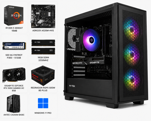 [MTEK16578] PC M-TEK Ryzen 5 5600GT 16MB, SSD M.2 Patriot P300 - 512 GB - M.2 , ASrock A520M-HVS, Antec CX200M Basic, Redragon RGPS 500W - 80 Plus, 16GB DDR4 3200 , Gigabyte Geforce RTX 5050 Gaming OC - 8GB, WINDOWS 11 PRO