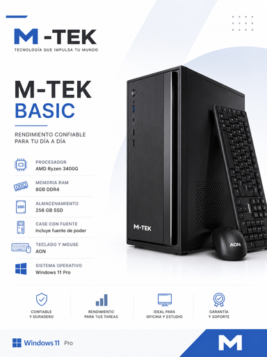 [MTEK5072] M-TEK BASIC RYZEN 3400G - 8GB RAM - 256 GB SSD - CASE CON FUENTE TECLADO Y MOUSE  AON - Windows 11 Pro.