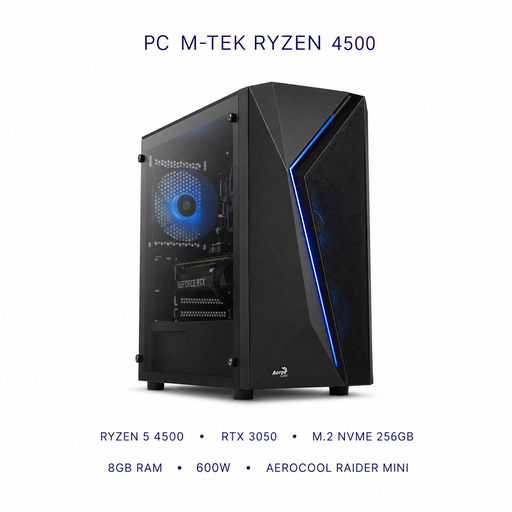 [M-TEK5077] PC M-TEK RYZEN 4500 - 3050 RTX - 256 M.2 NVME - 8B RAM - CASE AEROCOOL RIDER MINI - 600W