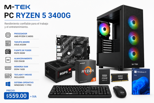 [MTEK17164] M-TEK PC RYZEN 5 3400G, ASUS A520M, RGPS 500W - SSD 256GB, DDR4 16GB, TECLADO MOUSE, WIND 11 PRO.