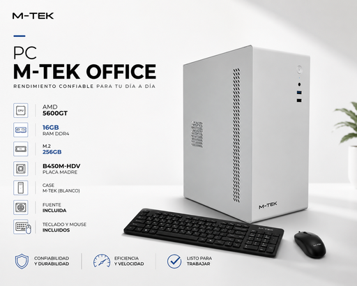 [MTEK17304] PC M-TEK OFFICE 5600GT 16GB DE RAM M.2 256GB B450M-HDV CASE M-TEK A200 BLANCO CON FUENTE TECLADO Y MOUSE WINDOWS 11 PRO
