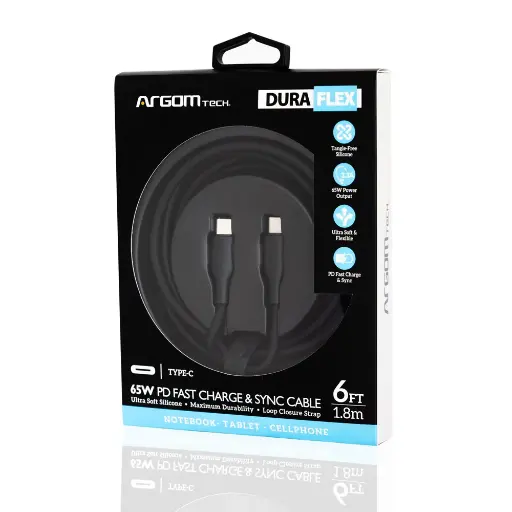 [CAB0512] Cable Argom Dura Flex Tipo-C a Tipo-C 65W PD Fast Charge & Sync Cable - 1.8M - Negro - ARG-CB-0070BK