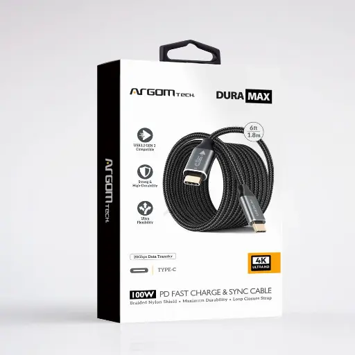 [CAB0514] Cable Argom Dura Max 100W PD Fast Charce & Sync Cable - Tipo C a Tipo C - 1.8M 4K - Negro - ARG-CB-1401BK