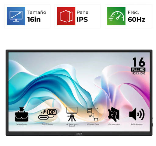 [MT2735] Monitor MSI PRO MP165 E6 - 15,6" - FHD - 4MS - 1920x1080 - 60Hz - Negro - 9S6-3PE50M-004